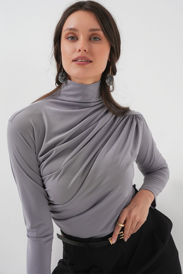 Women's Gathered Detailed Sandy Blouse 1429 - Gray
