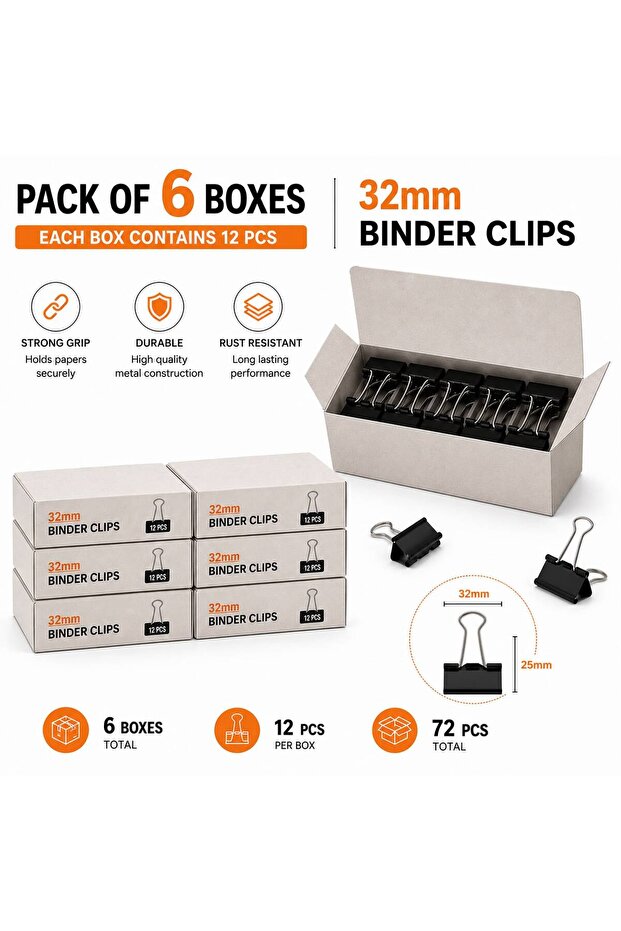 32mm Binder Clips, Pack of 6 Boxes, 12 Clips per Box (72 Total), Heavy Duty Paper Clamps for Office, School & Home