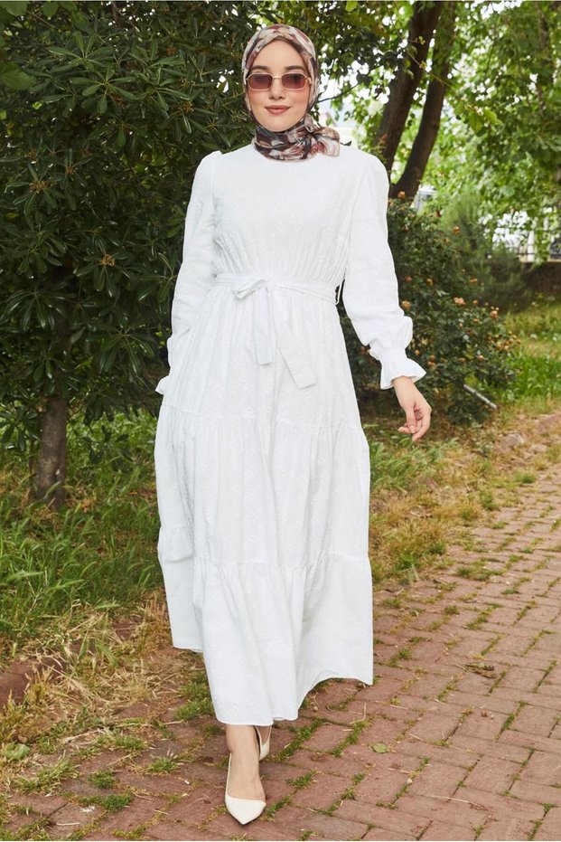 Belted Cotton Embroidered Dress 46685