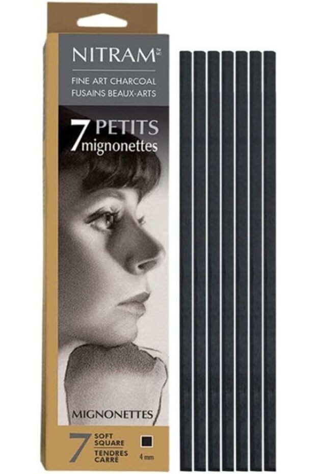 Mignonettes - Baton Refills - Box of 7 Soft Natural Charcoal Sticks - Square - 4 mm x 4 mm x 15 cm