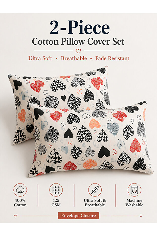 Set of 2 Cotton Printed Pillow Covers – Soft Breathable Pillow Cases with Envelope Closure 125 GSM Fabric