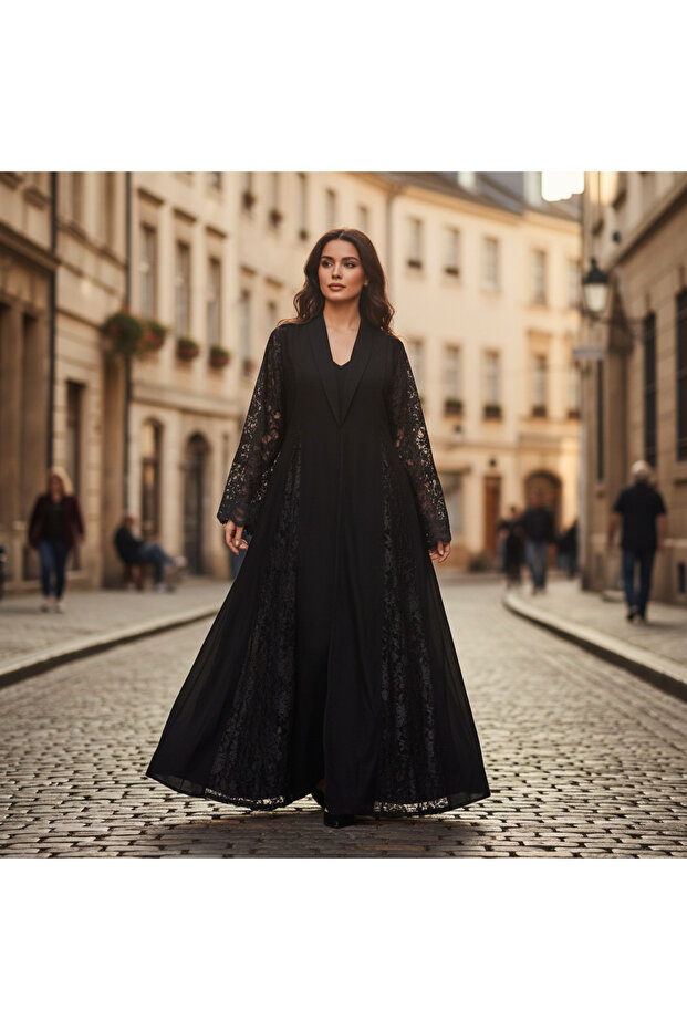 Elegant Black Abaya with Lace Panels and Sequins