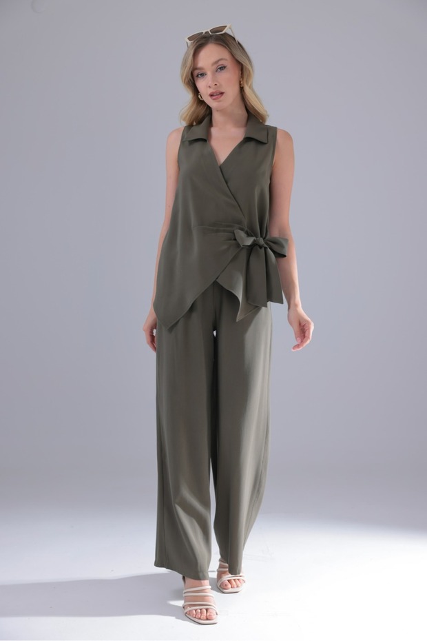 Double-Breasted Collar Tie-Up Top and Bottom Set