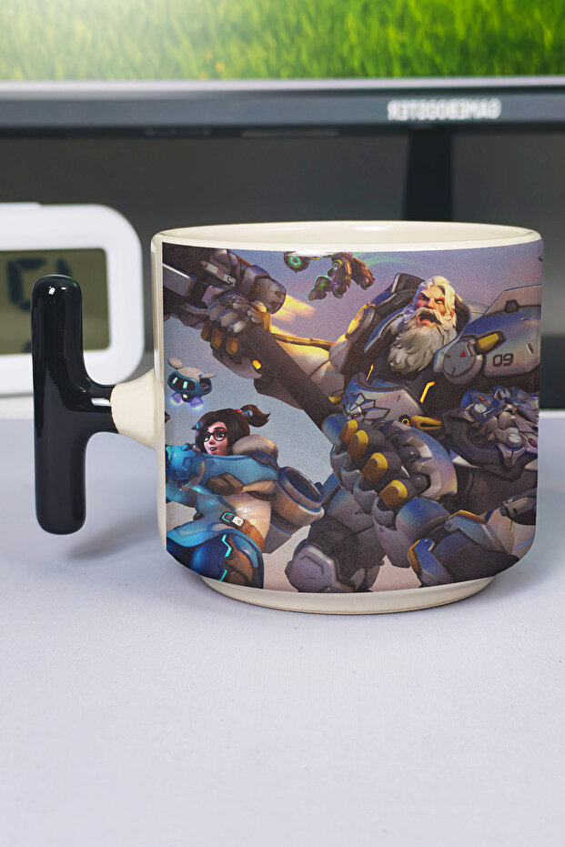 كوب سيراميك فاخر مطبوع عليه Overwatch (قطعة واحدة) بمقبض أسود خاص على شكل حرف T بمقبض مموج V2T
