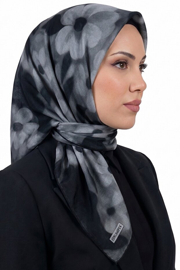 Women's Petrol Gray Floral Patterned Organic Cotton Soft Scarf