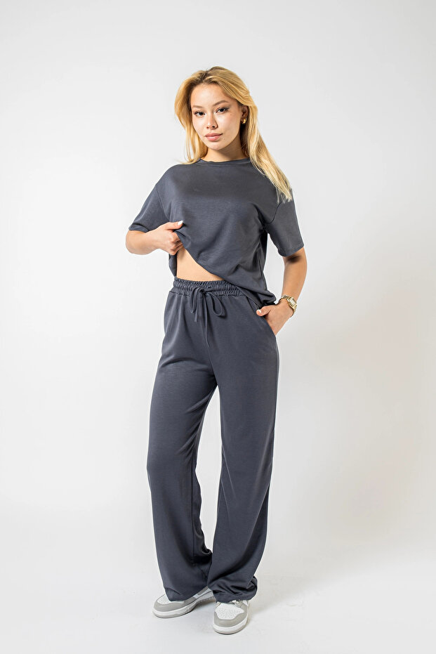 Modal Fabric Plain Bottom Top Smoked Set