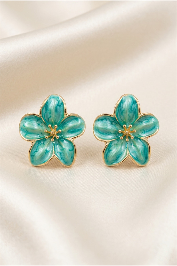 Turquoise Green Enamel Flower Figured Gold Color Stylish Nail Earrings
