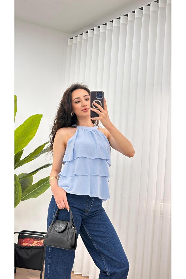 Women's Halter Neck Layered Ruffle Sleeveless Summer Blouse