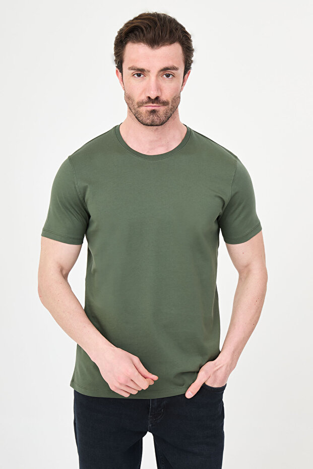 Plain Slim Fit Crew Neck 100% Cotton Short Sleeve Men's T-Shirt Green - 36884.26Y