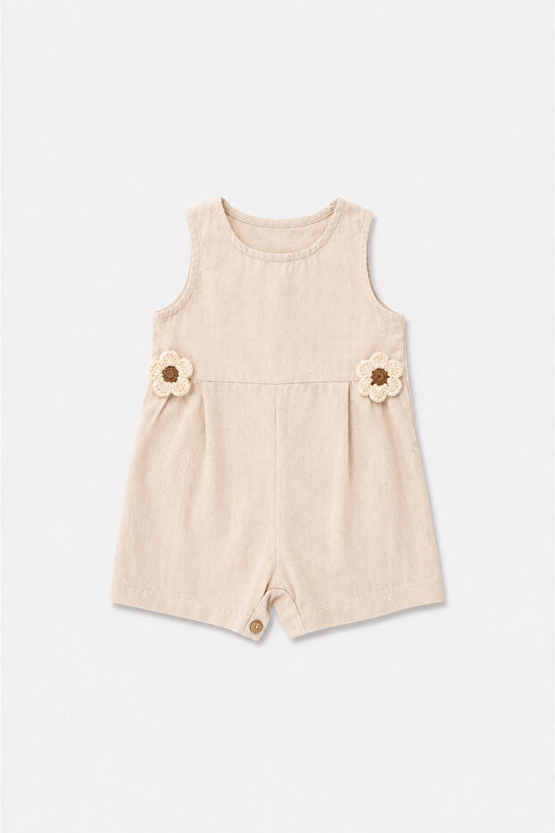 Beige Baby Girl Jumpsuit with Knitted Floral Accessories