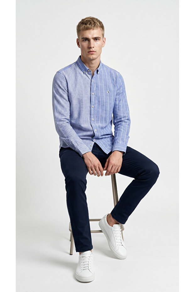 Men's Long Sleeve Striped Linen Shirt 2576