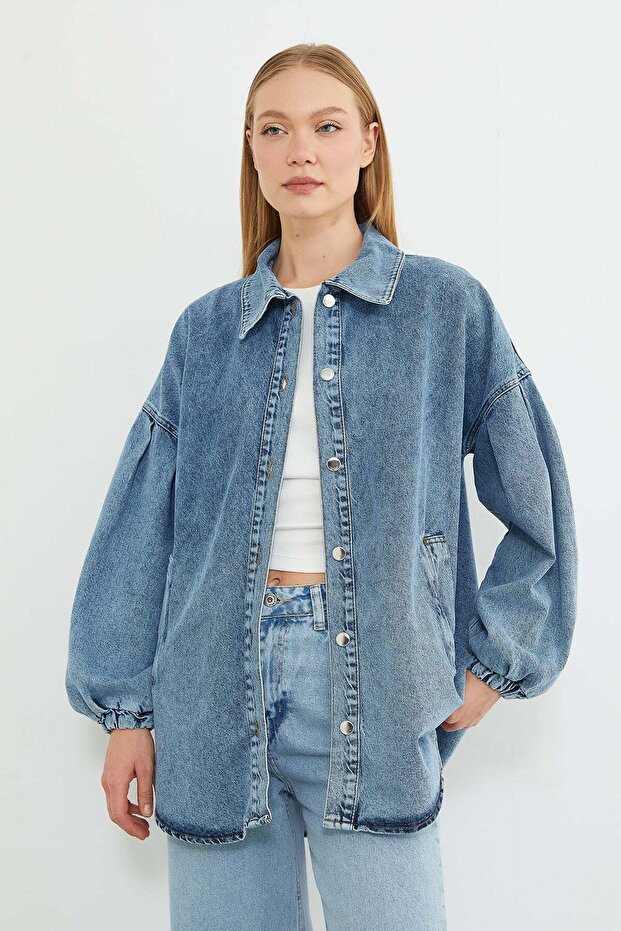 Balloon Cuff Oversized Denim Jacket - 4