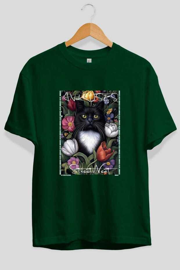 For the Sake of Cat Love 64 Front Cat Printed Green Oversize T-Shirt 100% Cotton Unisex Cat Lover Premium Design