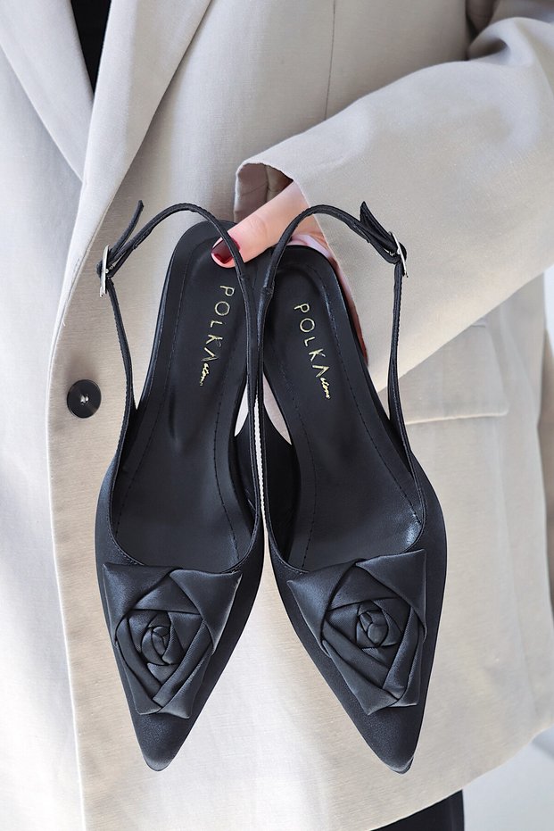 Cica Special Handmade Rose Detailed Pointed Toe Short Kitten Heel Women's Shoes