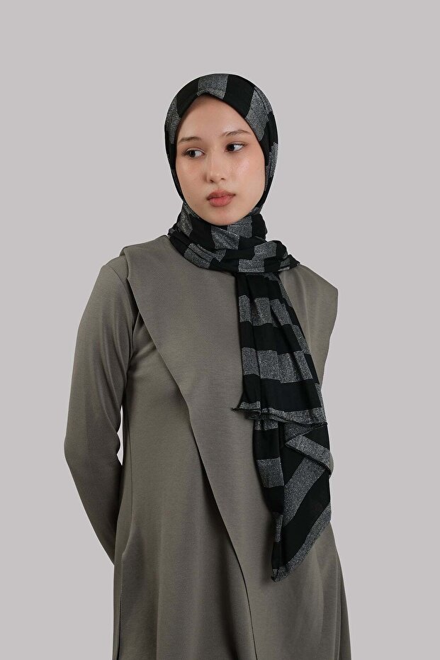 Gray Practical Ready-To-Wear Shawl with Viscose Glitter Stripes and Sponge on the Front 2413_15