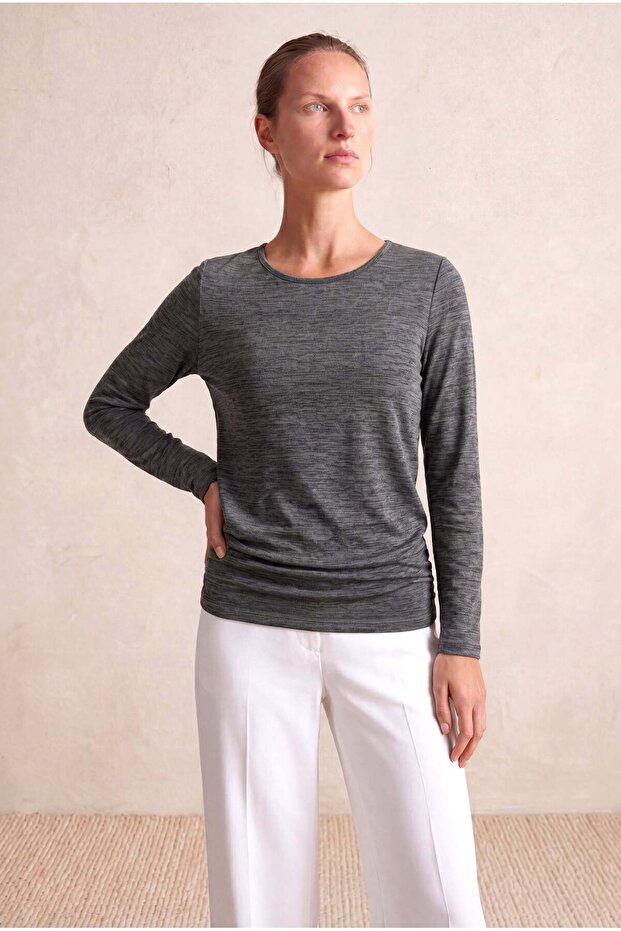 Women's Dark Gray Melange Soft Textured Comfortable Cut 3/4 Sleeve Loose Tunic Blouse Luisa