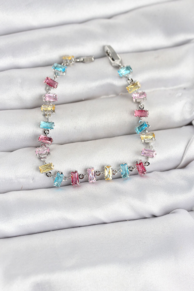 Crystal Stone Baguette Cut Mixed Color Silver Color Gema Women's Bracelet