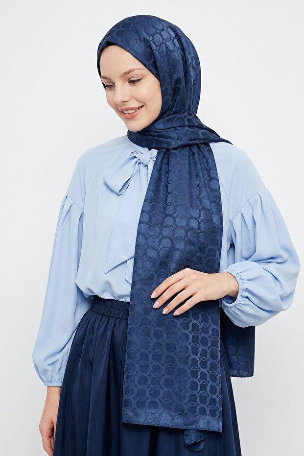 Soft Oval Patterned Navy Blue Jacquard Shawl