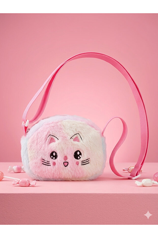 Girl's Cute Cat Design Plush Crossbody Bag with Adjustable Strap
