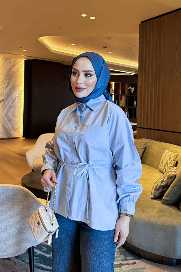 Ice Blue Waist-Tie Buttoned Shirt