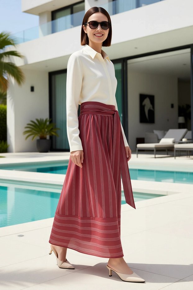 Women's Unlined Maxi Skirt Striped Woven Lace-Up Waist Detail A-Line Cut Casual Comfortable Daily Wear