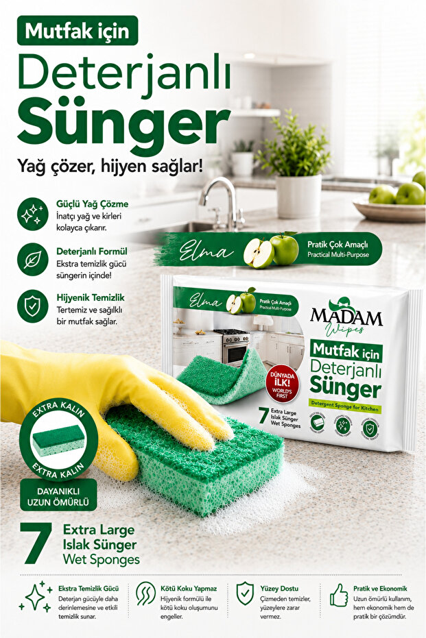 Deterjanlı Sünger - Mutfak - 7 Adet Extra Large Islak Sünger