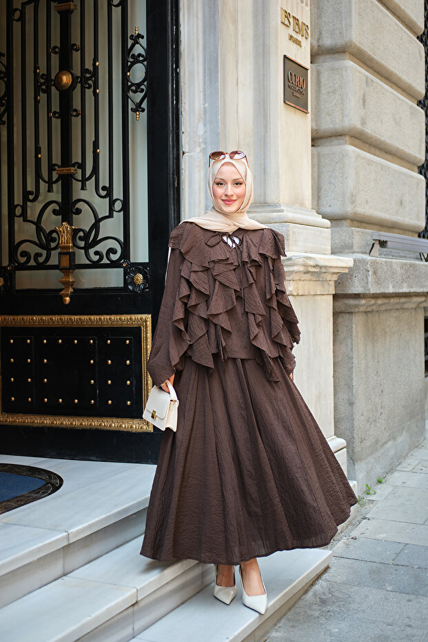 Women's Tulle Fabric Set with Tie Collar and Ruffles, Brown