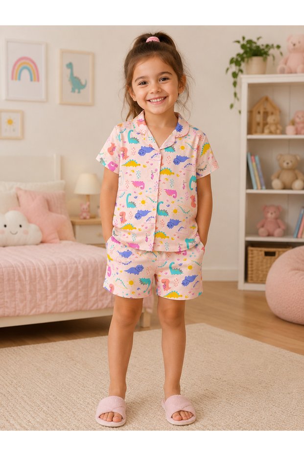 Lcw Kids Pink Shirt Collar Patterned Short Sleeve Girl's Pajama Set with Shorts