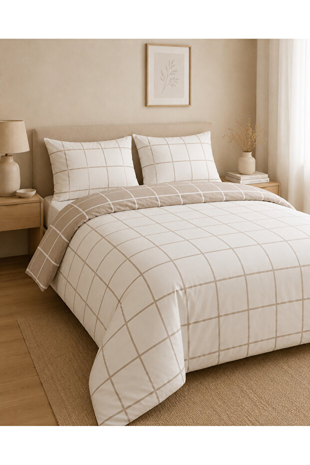 Line Patterned Double 200 X 240 Duvet Cover Set with Elastic Sheets