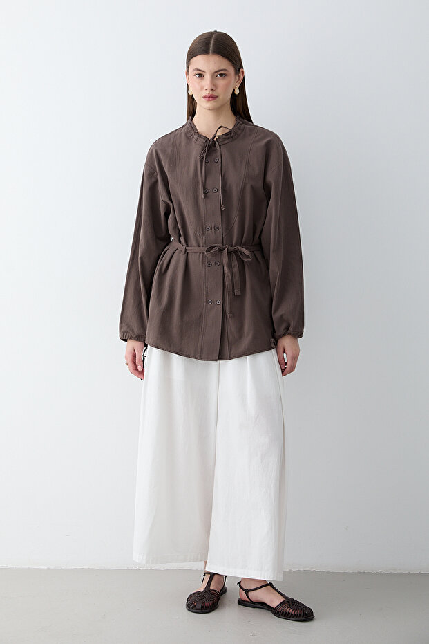 Women's Brown Gathered Collar Belted Shirt