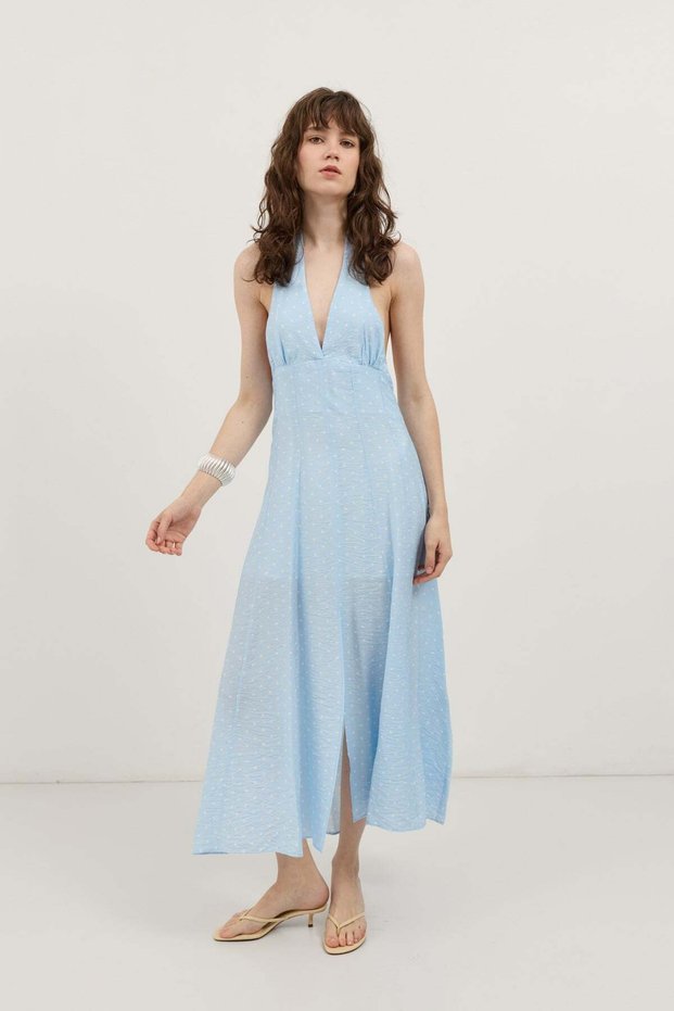 Blue Halter Neck Polka Dot Women's Dress