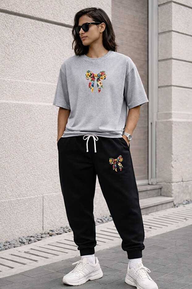 Women's Wide Cut Cotton Oversize Thort Track Suit with Flowered Bow Print