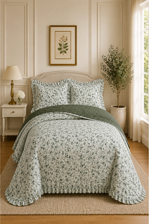 Florin Fiber Filled Double Sided Double Size 240X260 cm Bedspread Green