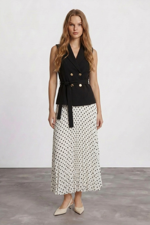 White Polka Dot Chiffon Pleated Long Skirt and Sleeveless Double-Breasted Vest Set
