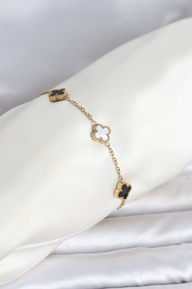 316L Steel Gold Color Black and White Baby Clover Model Women's Bracelet Tj-Bb8557
