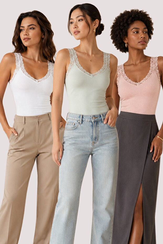 Women's 3-Piece Lace Strap V-Neck Cotton & Modal Flexible Undershirt - 3-Piece Advantage Pack