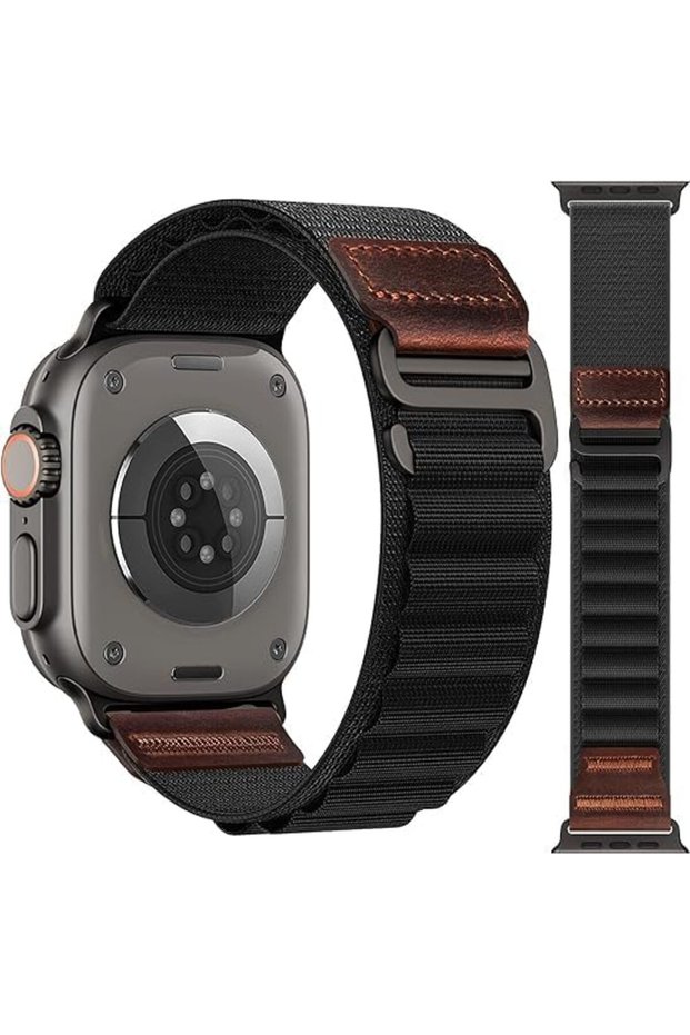 Modified Hybrid Leather Nylon Strap Compatible with Apple Watch Ultra 3/2/1, Series 11/10/9/8, Breathable Lightweight Sport Band with Metal Hook