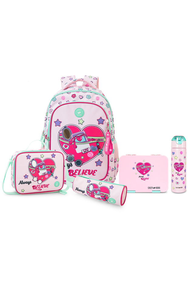 17” School Bag Set of 3 w/ Insulated Water Bottle & Convertible Bento Lunch Box – Always Believe Pink
