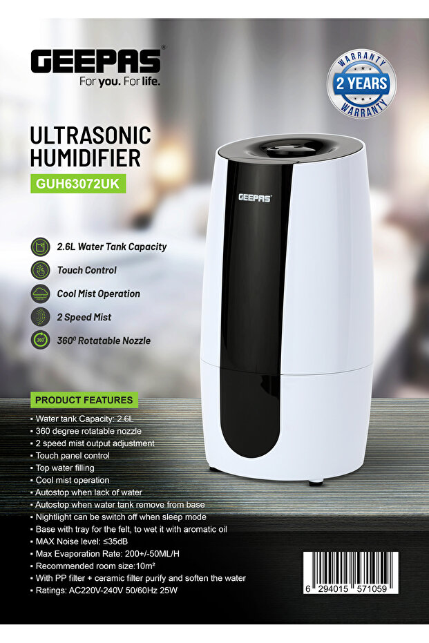 Humidifier for Bedroom, 2.6L Top Fill Cool Mist Large Room, 360° Rotatable, Night Light Auto