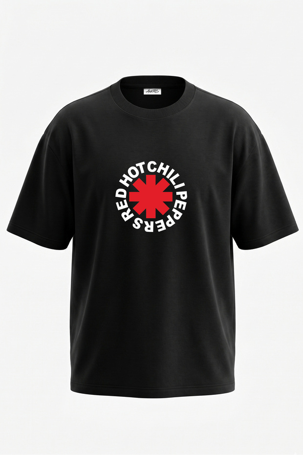 تي شيرت قطني أسود كبير الحجم بتصميم RHCP مطبوع من الخلف