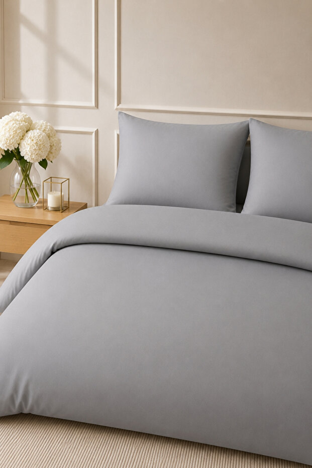 Elif Satin Plain Double Buttoned Duvet Cover Set, Duvet Cover, 100% Cotton, 83 Threads