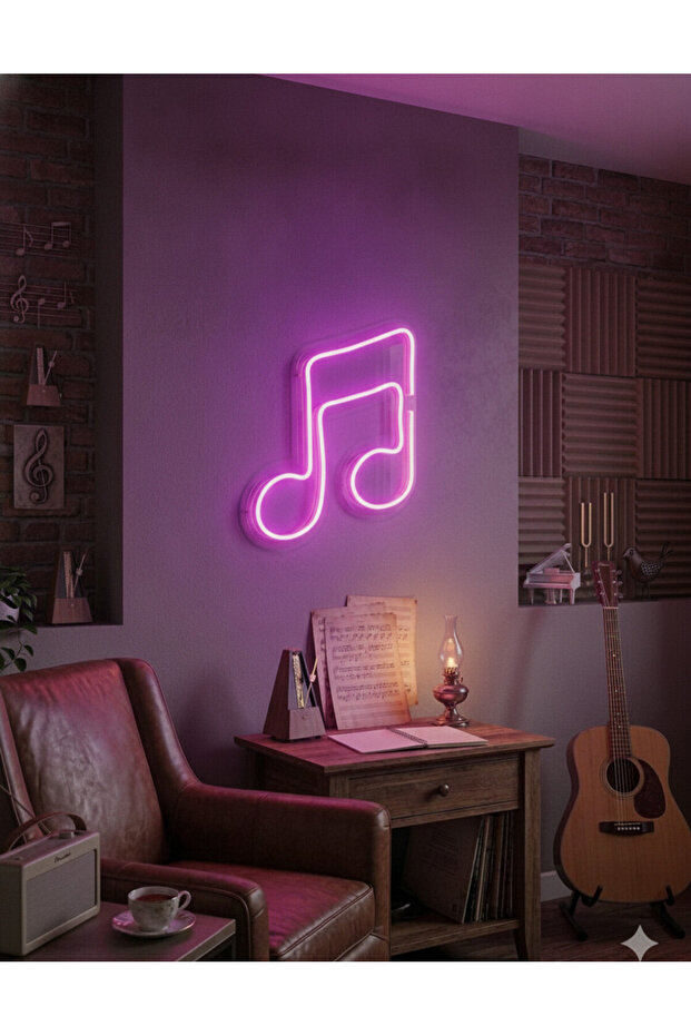 Mor Müzik Notası LED Neon Tablo | Aydınlatmalı Müzik Temalı Duvar Dekoru - 1