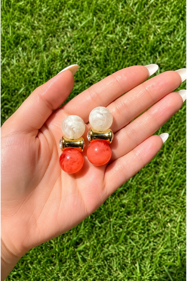 Double-Sided Coral Orange & Effective Ball Earrings | Stylish Gold-Detail Women's Earrings ✨