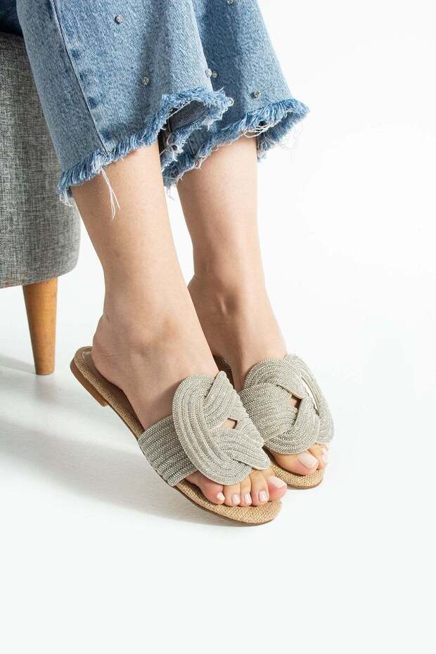 Lumiry Straw Women's Stoned Knotted Strap Flat Shiny Slippers