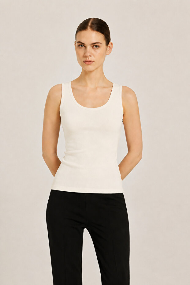 Ecru Oval Neck Sleeveless Blouse