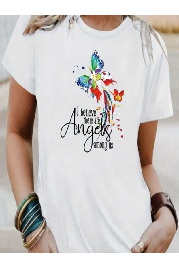 Colorful Butterfly Printed White Women's T-Shirt