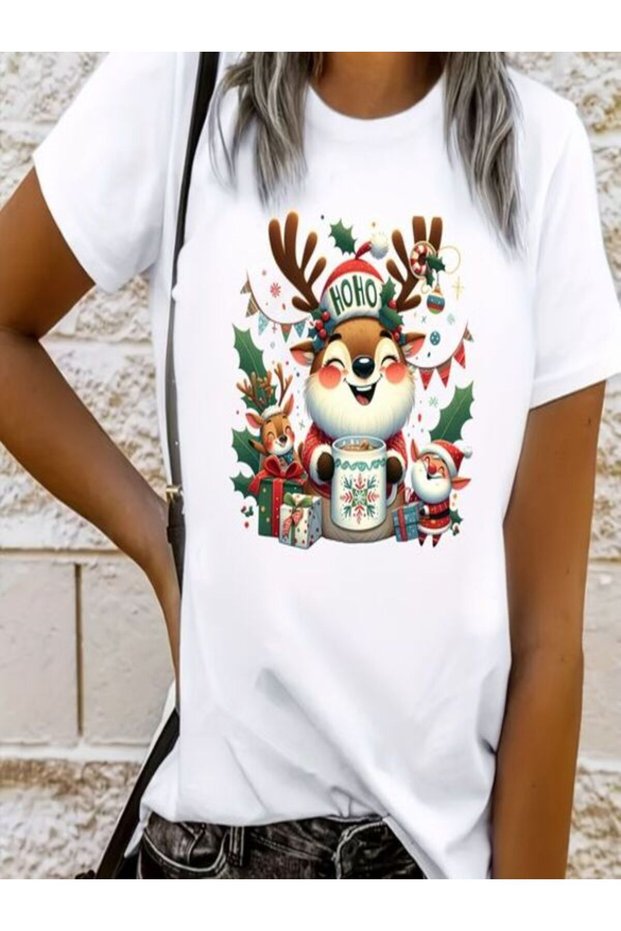 Cute Deer and Christmas Themed Printed T-Shirt