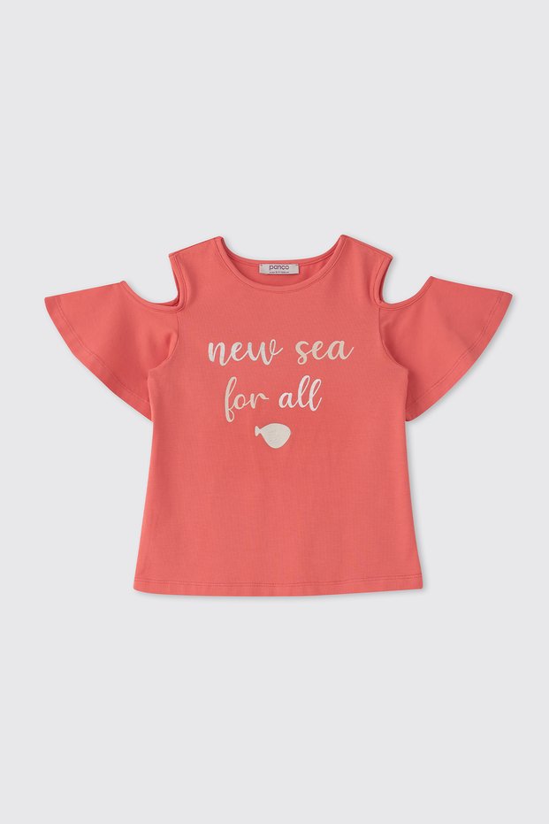 Girl's Coral T-Shirt with Print Detail
