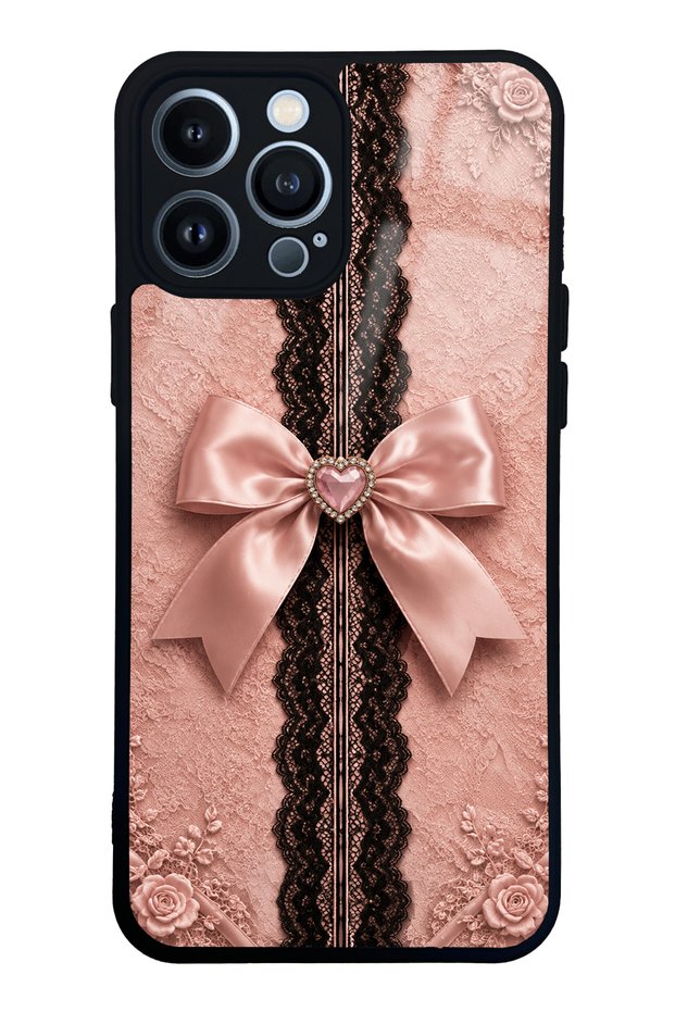iPhone 13 Pro Max Glossy Phone Case with Pink Lace Bow Design