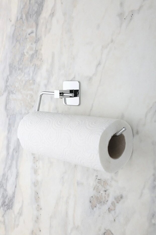 Square Adhesive Chrome Paper Roll Towel Holder, Napkin Holder, Adhesive Design Without Drilling, Bathroom Hanger